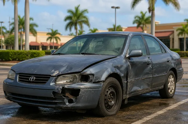 Damaged sedan in a South Florida shopping center parking lot