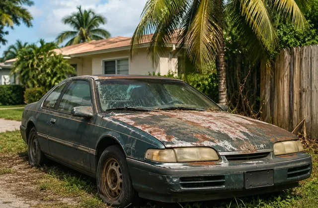 Rusty junk car parked in a South Florida neighborhood