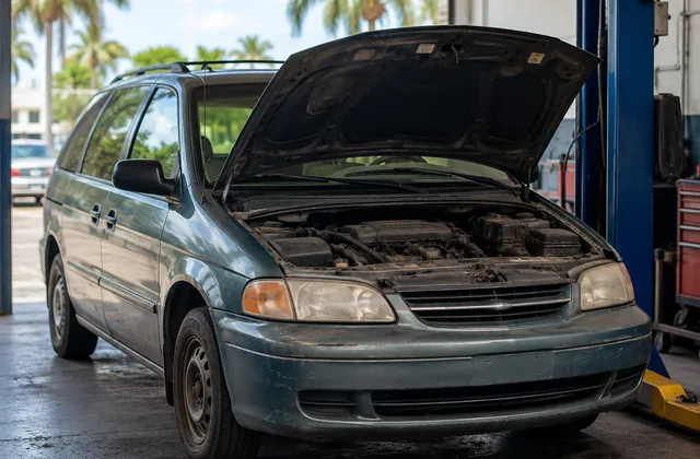 Old minivan with mechanical problems inside a repair garage