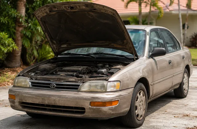 Non-running older sedan with its hood open in a driveway