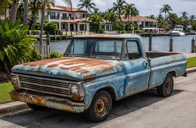 Rusty vintage pickup truck parked near a South Florida waterfront
