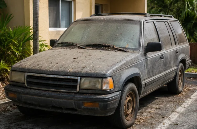 Neglected unwanted SUV in an apartment parking lot